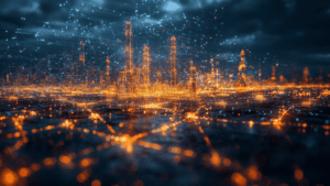 Digital cityscape representing core modernization with glowing network connections symbolizing the transformation of legacy systems to modern infrastructure.